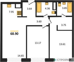 Планировка двухкомнатной(квартира) площадью 68.9 квадратных метров в “ЖК Собрание клубных домов West Garden (Вест Гарден)”
