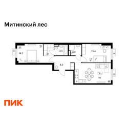 Планировка двухкомнатной(квартира) площадью 64.6 квадратных метров в ЖК “ЖК Митинский лес”