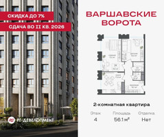 Планировка двухкомнатной(квартира) площадью 56.1 квадратных метров в “ЖК Варшавские ворота”