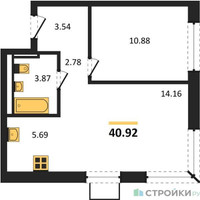 Планировка однокомнатной(квартира) площадью 40.92 квадратных метров в “ЖК Квартал Западный”
