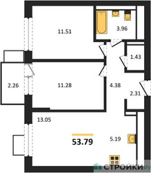 Планировка двухкомнатной(квартира) площадью 53.79 квадратных метров в ЖК “ЖК Егорово Парк”