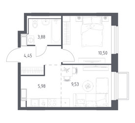 Планировка однокомнатной(квартира) площадью 34.34 квадратных метров в ЖК “ЖК Томилино Парк”