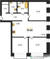 Планировка трехкомнатной(квартира) площадью 79.6 квадратных метров в “ЖК Вестердам”