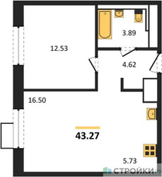 Планировка однокомнатной(квартира) площадью 43.27 квадратных метров в ЖК “ЖК Алхимово”