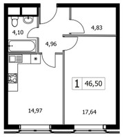 Планировка однокомнатной(квартира) площадью 46.5 квадратных метров в “ЖК Городские Истории”