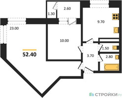 Планировка двухкомнатной(квартира) площадью 53 квадратных метров в “ЖК Три квартала”
