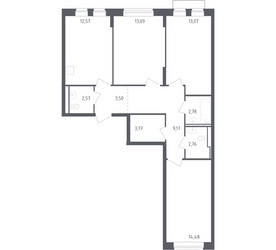 Планировка трехкомнатной(квартира) площадью 77 квадратных метров в ЖК “ЖК Рублевский Квартал”