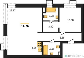 Планировка однокомнатной(апартаменты) площадью 61.76 квадратных метров в “ЖК N’ICE LOFT (Найс Лофт)”