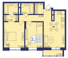 Планировка трехкомнатной(квартира) площадью 59.7 квадратных метров в “ЖК Героев”