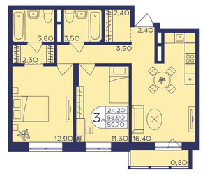 Планировка трехкомнатной(квартира) площадью 59.7 квадратных метров в ЖК “ЖК Героев”