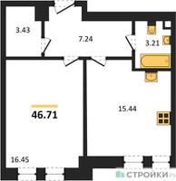 Планировка однокомнатной(квартира) площадью 46.71 квадратных метров в “ЖК Sezar City (Сезар Сити)”