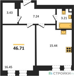 Планировка однокомнатной(квартира) площадью 46.71 квадратных метров в ЖК “ЖК Sezar City (Сезар Сити)”