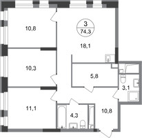Планировка трехкомнатной(квартира) площадью 74.3 квадратных метров в “ЖК Первый Московский”