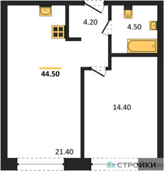 Планировка однокомнатной(квартира) площадью 44.5 квадратных метров в ЖК “ЖК Moments (Моментс)”