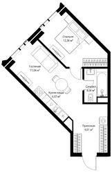 Планировка однокомнатной(апартаменты) площадью 42.56 квадратных метров в ЖК “ЖК Джойс”