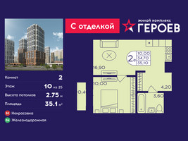 Планировка двухкомнатной(квартира) площадью 35.1 квадратных метров в “ЖК Героев”