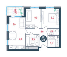 Планировка трехкомнатной(квартира) площадью 51 квадратных метров в “ЖК РУСИЧ-Кантемировский”
