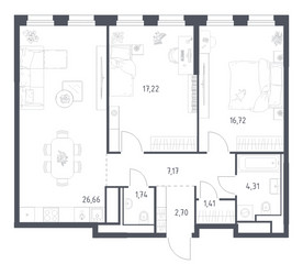 Планировка двухкомнатной(квартира) площадью 77.93 квадратных метров в ЖК “ЖК Квартал на воде (Графика на воде)”