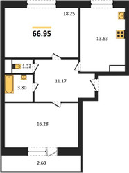 Планировка двухкомнатной(квартира) площадью 66.95 квадратных метров в ЖК “ЖК Эдельвейс (Первомайское)”