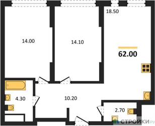 Планировка двухкомнатной(квартира) площадью 62 квадратных метров в ЖК “ЖК Переделкино Ближнее”