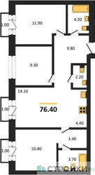 Планировка трехкомнатной(квартира) площадью 76.4 квадратных метров в ЖК “ЖК Квартал Метроном”