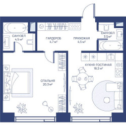 Планировка однокомнатной(квартира) площадью 55.7 квадратных метров в ЖК “ЖК Свет”