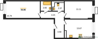 Планировка двухкомнатной(квартира) площадью 56.86 квадратных метров в “ЖК Пятницкие луга”