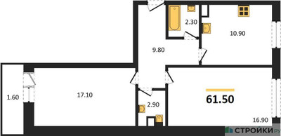 Планировка двухкомнатной(квартира) площадью 61.5 квадратных метров в ЖК “ЖК Малиново”
