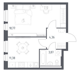 Планировка однокомнатной(квартира) площадью 38.38 квадратных метров в ЖК “ЖК Квартал Авиаторов”