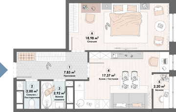 Планировка однокомнатной(квартира) площадью 51.3 квадратных метров в ЖК “ЖК Триумф (Пушкино)”