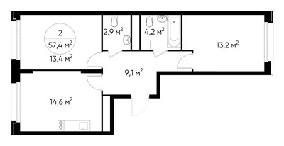 Планировка двухкомнатной(квартира) площадью 57.4 квадратных метров в ЖК “ЖК Переделкино Ближнее”