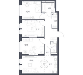 Планировка трехкомнатной(квартира) площадью 69.5 квадратных метров в ЖК “ЖК Большое Путилково”