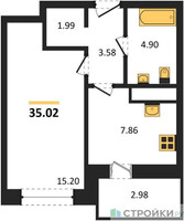 Планировка однокомнатной(квартира) площадью 35.02 квадратных метров в “ЖК ВОСТОК II”