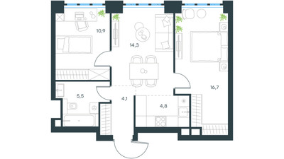 Планировка трехкомнатной(квартира) площадью 56.3 квадратных метров в ЖК “ЖК Левел Южнопортовая”