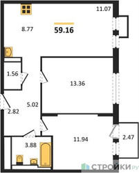 Планировка двухкомнатной(квартира) площадью 59.16 квадратных метров в ЖК “ЖК Остафьево”