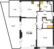 Планировка двухкомнатной(квартира) площадью 75.6 квадратных метров в “ЖК VERY на Миклухо-Маклая (Вери на Миклухо-Маклая)”