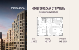 Планировка двухкомнатной(квартира) площадью 49.7 квадратных метров в “ЖК Нижегородская от Гранель”
