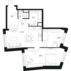 Планировка двухкомнатной(квартира) площадью 69.1 квадратных метров в ЖК “ЖК Нексус от Аквилон”