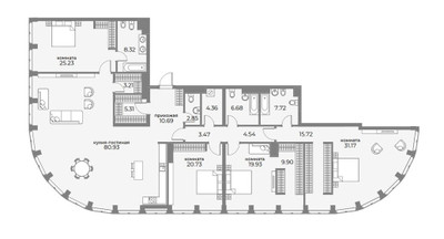Планировка 4+ комнатной(апартаменты) площадью 266.8 квадратных метров в ЖК “ЖК Sky View (Скай Вью)”