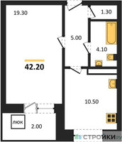 Планировка однокомнатной(квартира) площадью 42.2 квадратных метров в “ЖК Три квартала”