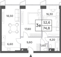 Планировка трехкомнатной(квартира) площадью 74.8 квадратных метров в “ЖК Will Towers (Вилл Тауэрс)”