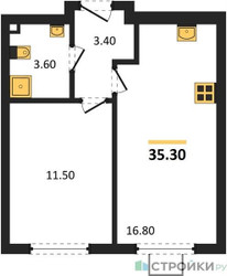 Планировка однокомнатной(квартира) площадью 35.3 квадратных метров в ЖК “ЖК Лучи-2”
