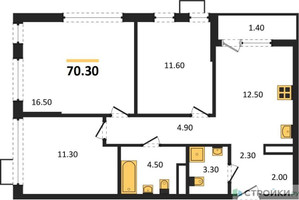 Планировка трехкомнатной(квартира) площадью 70.3 квадратных метров в “ЖК Южные сады”