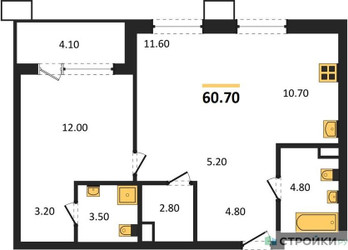 Планировка однокомнатной(квартира) площадью 60.7 квадратных метров в ЖК “ЖК Дзен-кварталы”