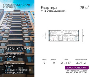 Планировка двухкомнатной(квартира) площадью 79 квадратных метров в ЖК “ЖК Преображенская Площадь”