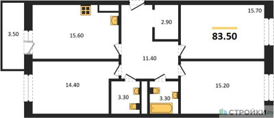 Планировка трехкомнатной(квартира) площадью 83.5 квадратных метров в ЖК “ЖК Одинцовские кварталы”
