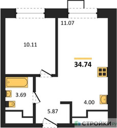 Планировка однокомнатной(квартира) площадью 34.74 квадратных метров в ЖК “ЖК ЭкоБунино (Южное Бунино)”