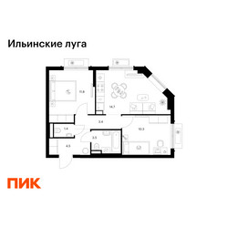 Планировка двухкомнатной(квартира) площадью 49.6 квадратных метров в ЖК “ЖК Ильинские луга”