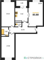 Планировка трехкомнатной(квартира) площадью 83.8 квадратных метров в “ЖК Три квартала”