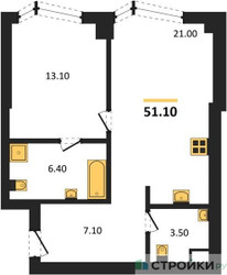Планировка однокомнатной(квартира) площадью 51.1 квадратных метров в ЖК “ICE TOWERS (Айс Тауэрс)”